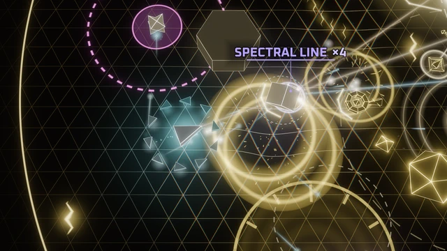 A dense fight in Sodium Haze: the ship fires into the horde while a synergy pair lights up.