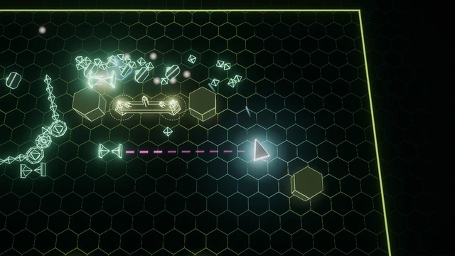 Aurora Verge: a green honeycomb floor, crystal pillars and a glowing swarm.