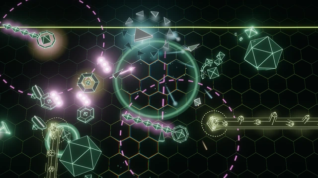 A run in Aurora Verge: crystal pillars, prism chains and a swarm around the ship on the honeycomb floor.