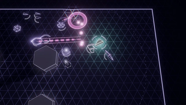 Indigo Rift: the ship alone in the dark while the swarm streams past in pale violet.
