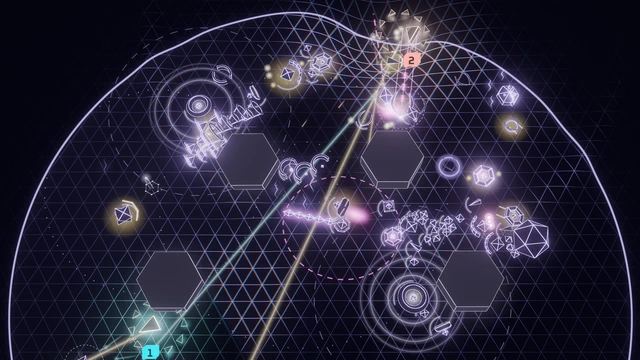 Indigo Rift in co-op: a cyan and a coral ship fight apart in a round hall.