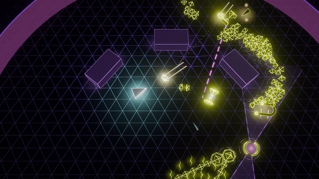 Blacklight: a purple grid under ultraviolet, a yellow swarm at the edge of the void.