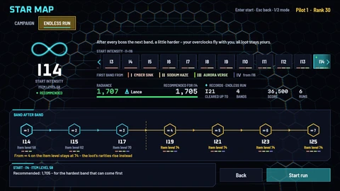 The star map of the Endless Run: start intensity, records and band after band.