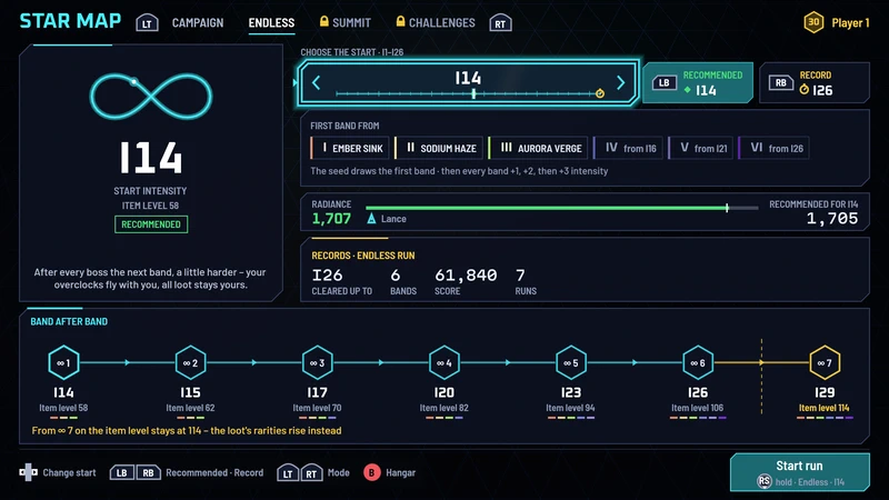 The star map of the Endless Run: start intensity, records and band after band.