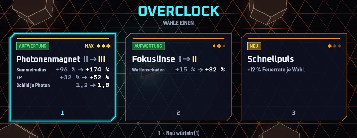 Eine Overclock-Wahl: drei Karten, eine neue und zwei Aufwertungen.