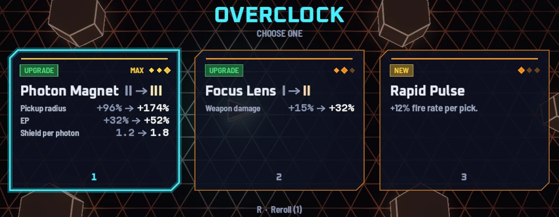 An overclock choice: three cards, one new and two upgrades.