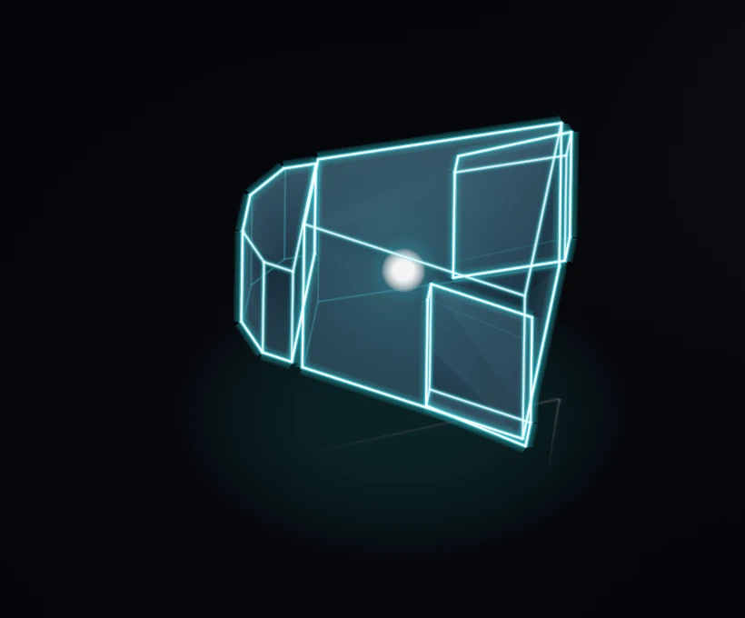 The Bastion on the hangar stage: a heavy, armoured block of glass with cyan edges.