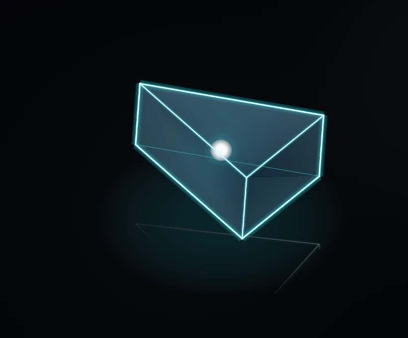 The Lance on the hangar stage: a slim wedge of dark glass with cyan edges.