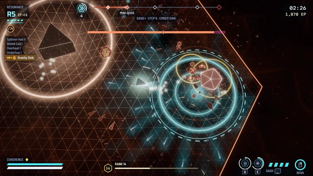 A mini-boss in the first band: the ship's rings close round it, its bar at the top.