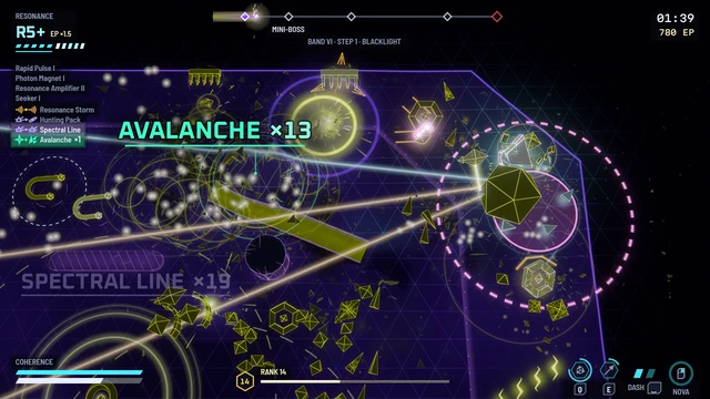 The sixth band: the void lies dark beyond its line of light, an avalanche runs through an ionized pack.