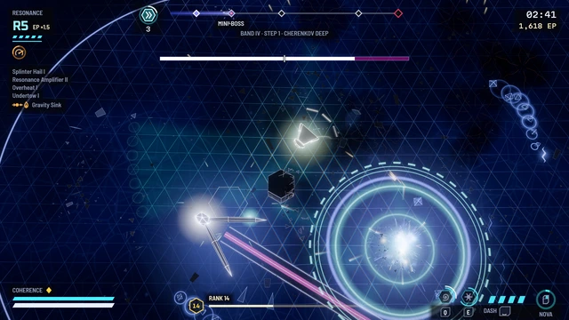 A mini-boss in the fourth band: a magenta beam cuts across the arena, the boss bar at the top.