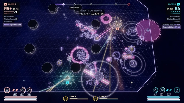 Co-op in the fifth band: a cyan and a coral ship fight apart, each with its own run cards.