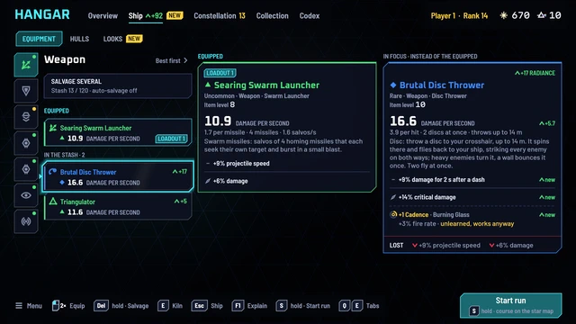 The hangar: an item card compares a rare weapon with the one equipped, its gain in radiance on top.
