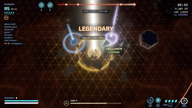 A legendary drop: a golden beam of light rises from the crystal and the flash names its rarity.